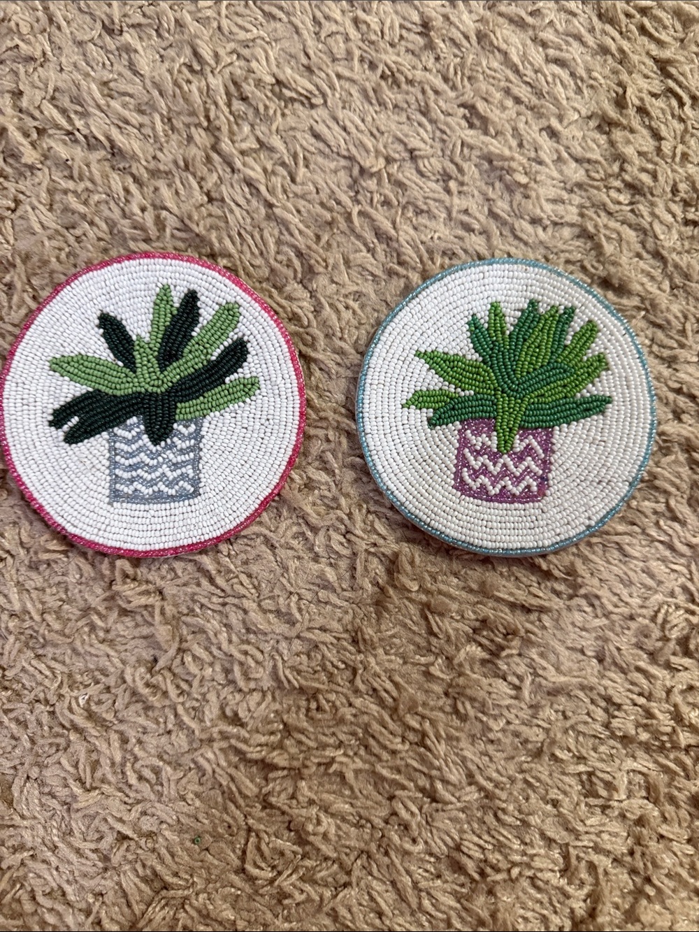 Beaded Potted Plant Coaster Set - Green
